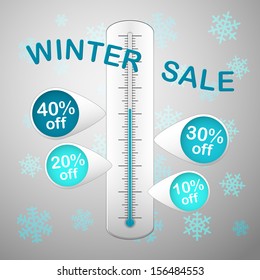 white thermometer with text winter sale and with four blue colored pins promotion discounts with snowflakes on the background