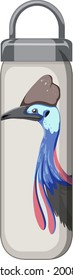 A white thermos bottle with bird animal pattern illustration