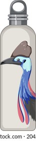 A white thermos bottle with bird animal pattern illustration