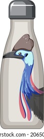 A white thermos bottle with bird animal pattern illustration