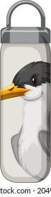 A white thermos bottle with bird pattern illustration