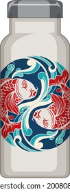 A white thermos bottle with koi carp pattern illustration