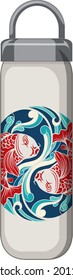 A white thermos bottle with koi carp pattern illustration