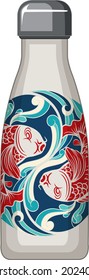A white thermos bottle with koi carp pattern illustration