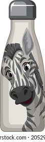 A white thermos bottle with zebra pattern illustration