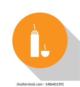 White Thermos container icon isolated on white background. Thermo flask icon. Camping and hiking equipment. Orange circle button. Vector Illustration