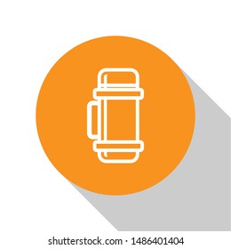 White Thermos container icon isolated on white background. Thermo flask icon. Camping and hiking equipment. Orange circle button. Vector Illustration