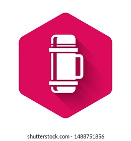 White Thermos container icon isolated with long shadow. Thermo flask icon. Camping and hiking equipment. Pink hexagon button. Vector Illustration