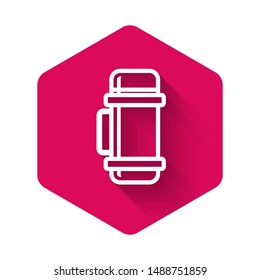 White Thermos container icon isolated with long shadow. Thermo flask icon. Camping and hiking equipment. Pink hexagon button. Vector Illustration