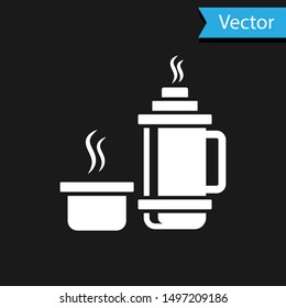 White Thermos container icon isolated on black background. Thermo flask icon. Camping and hiking equipment.  Vector Illustration