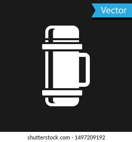 White Thermos container icon isolated on black background. Thermo flask icon. Camping and hiking equipment.  Vector Illustration