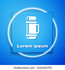 White Thermos container icon isolated on blue background. Thermo flask icon. Camping and hiking equipment. Blue square button. Vector Illustration