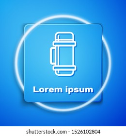 White Thermos container icon isolated on blue background. Thermo flask icon. Camping and hiking equipment. Blue square button. Vector Illustration