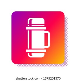 White Thermos container icon isolated on white background. Thermo flask icon. Camping and hiking equipment. Square color button. Vector Illustration