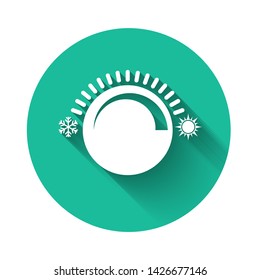 White Thermostat icon isolated with long shadow. Temperature control. Green circle button. Vector Illustration