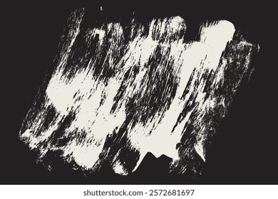 White Thick Grainy Brush Stroke Texture on Black Background. Black grunge distressed paintbrush design element. Hand draw big bold paint line shape