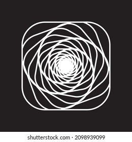 White thick lines spirograph tunnel or rose spiral logo on black background. Vector illustration.