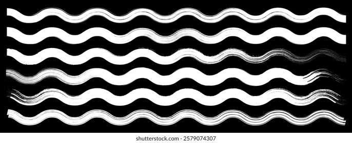 White thick and thin zig zag lines on black background. Zig zag print with distress texture. Painted ornament for kids Horizontal vector geometric brush strokes.