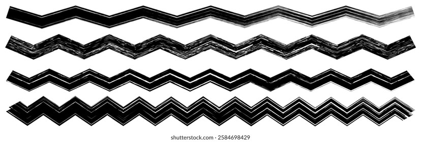 White thick and thin zig zag lines on black background. Zig zag print with distress texture. Painted ornament for kids Horizontal vector geometric brush strokes. Vector illustration.