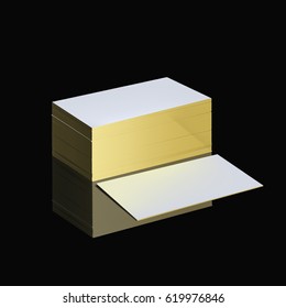 White Thick Vector Business Cards Mock Up With Golden Edge On Black Gloss Table.