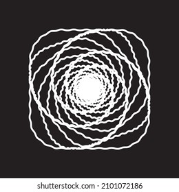 White thick wavy lines spirograph tunnel or rose spiral logo on black background. Vector illustration.