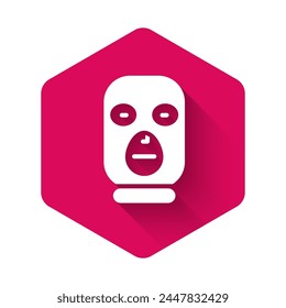 White Thief mask icon isolated with long shadow. Bandit mask, criminal man. Pink hexagon button. Vector