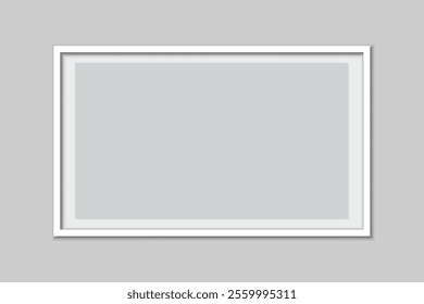 White thin frame design. Rectangular 3D photo frame. Rectangle plastic wire or paper construction with shadow on transparent background. Blank White wood frame on  white wall. vector illustration