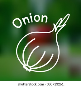 White thin line icon of onion with name on mesh background