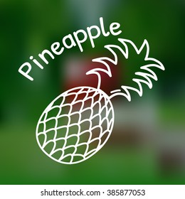 White thin line icon of pineapple with name on mesh background