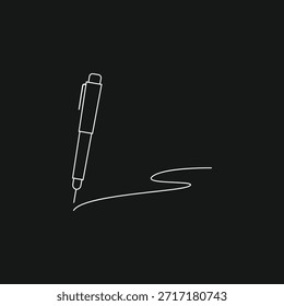 White thin line icon of a writing pen with a scribble trail on a black background