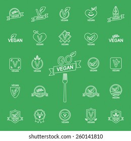 White thin line icons set 24 Icons Vegan food, set of badges, emblems and stamps vector on color background