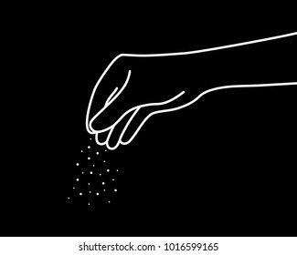 White Thin Line Woman Hand With Salt. Concept Of One Person Arm Sprinkled Spices Or Feeding Fish. Flat Drawing Style Trend Modern Black Linear Logo Graphic Art Design Isolated On Black Background