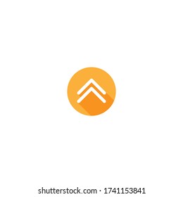 white thin rounded arrows up in orange circle with shadow icon. swipe up button.  Isolated on white. Upload icon.  Upgrade sign. North pointing arrow.