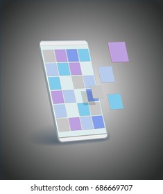 White thin smartphone mockup with flying empty apps squares on grey background, vector illustration