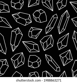 Weißer, dünner Schlagkristall und Edelsteinmuster. Diamantgestein, Eispolygons, Schmuckgeometrien. Nahtlose Vektorstrukturgrafiken. Schwarzer Hintergrund-Bildschirmhintergrund.