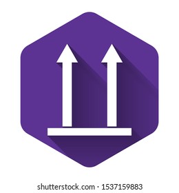 White This side up icon isolated with long shadow. Two arrows indicating top side of packaging. Cargo handled so these arrows always point up. Purple hexagon button. Vector Illustration