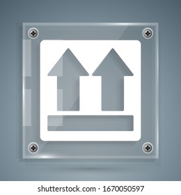 White This side up icon isolated on grey background. Two arrows indicating top side of packaging. Cargo handled. Square glass panels. Vector Illustration