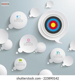White thought and speech bubbles with a target on the grey background. Eps 10 vector file.