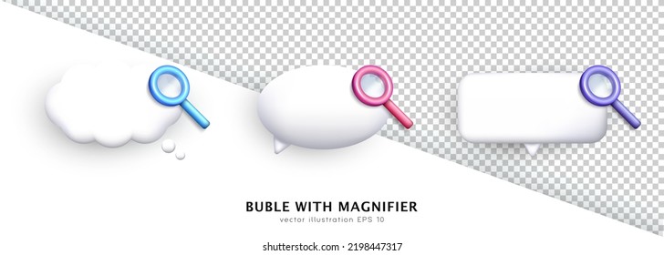 White Three Chat Bubble Different Shapes With Colorful Magnifying Glasses. Cartoon Speech Clouds And Magnifier, Loupe, Zoom Tool, Reading Glass With Transparent Lens