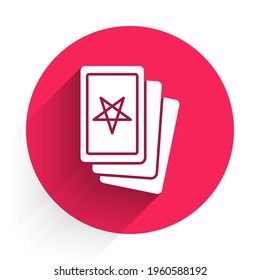 White Three tarot cards icon isolated with long shadow. Magic occult set of tarot cards. Red circle button. Vector