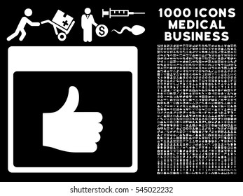 White Thumb Up Calendar Page vector icon with 1000 medical business pictograms. Set style is flat symbols, white color, black background.