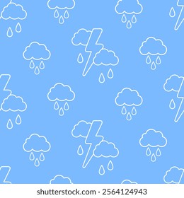 White thunderstorm clouds and rain drops on blue background. Rainy sky vector seamless pattern.