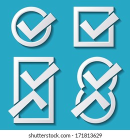 White tick icons with shadows on blue background