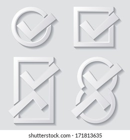 White tick icons with shadows on grey background