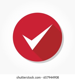 white tick mark or check mark on red circle in flat design with shadow effect