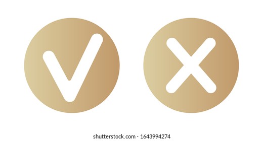 Símbolo blanco de marca o marca de verificación y señal de cruz o x en un círculo dorado. Confirme y deniegue el icono de lista de comprobación, aplicaciones y sitios web. Botón de signo de comprobación de aprobación y desaprobación. Ilustración vectorial aislada.