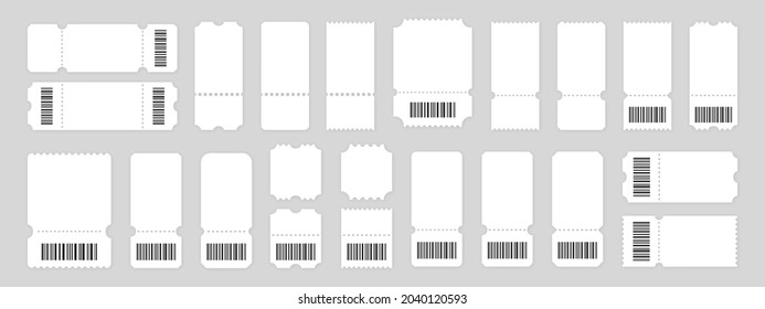 White ticket with barcode vector illustration. Blank vintage ticket symbol. Set 3d realistic mockups. Coupon design template with shadow. Stock vector elements.