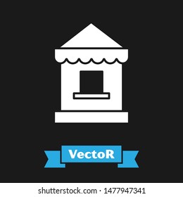 White Ticket box office icon isolated on black background. Ticket booth for the sale of tickets for attractions and sports.  Vector Illustration