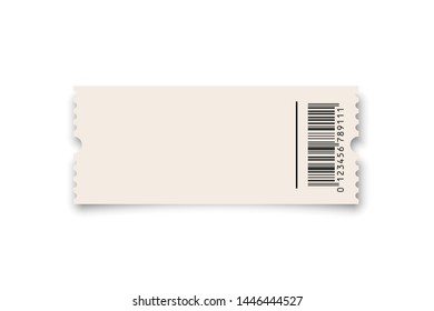 White ticket or coupon with barcode template isolated on white background. Vector design element