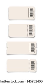White ticket or coupon with barcode templates set isolated on white background. Vector design elements